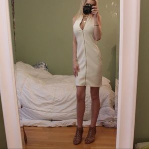 White Front Zipper Highneck Bodycon dress
